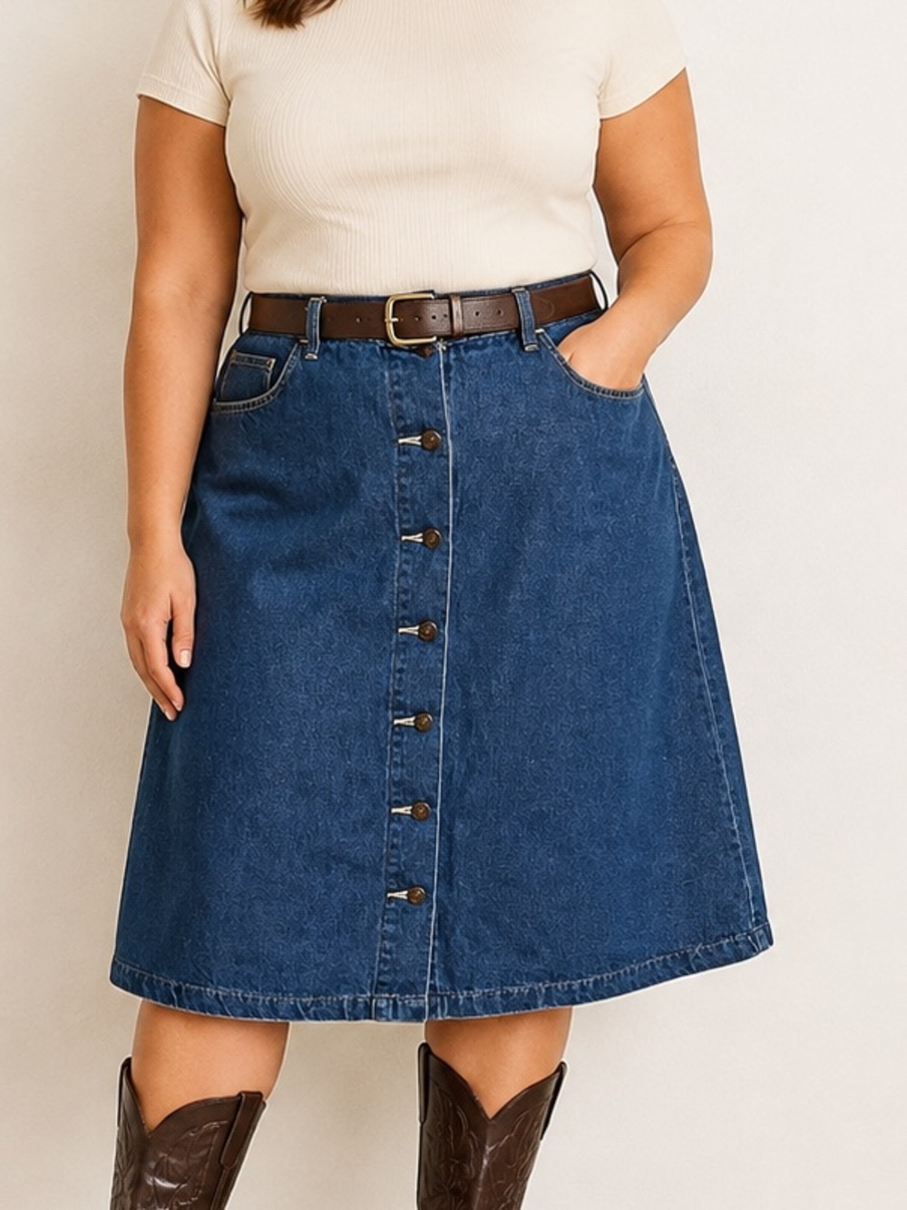 vintage 90s dark wash denim button front midi skirt fits s/m western boho euc